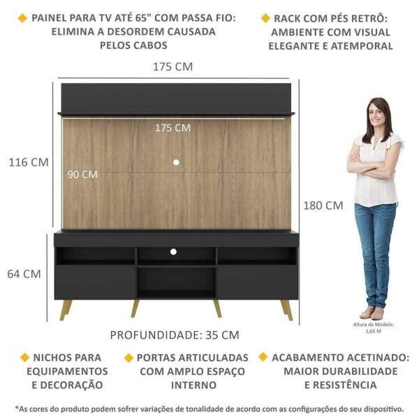 Rack com Painel TV 65 Polegadas Madri Multimóveis Preto/Rustic com Prateleira e Pés Retrô Natural - 3