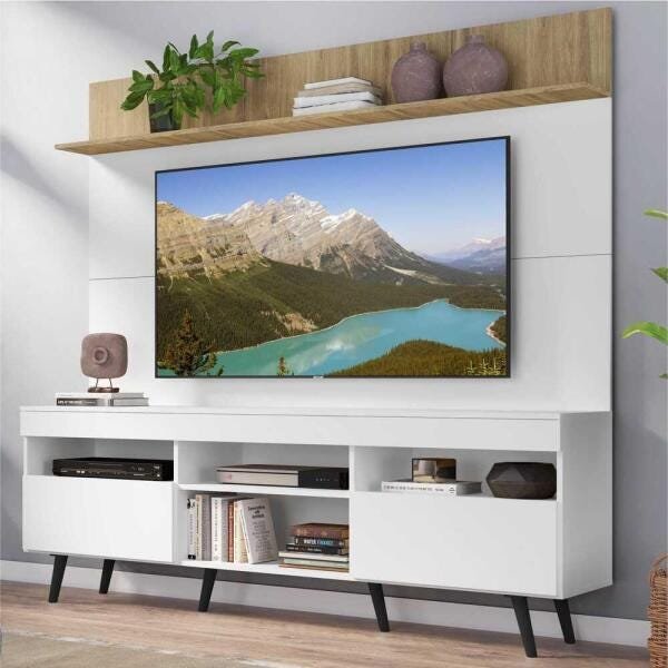 Rack com Painel TV 65 Polegadas Madri Multimóveis Branco/Rustic com Prateleira e Pés Retrô Preto - 1