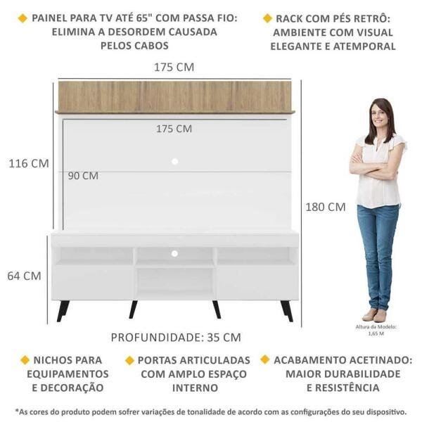 Rack com Painel TV 65 Polegadas Madri Multimóveis Branco/Rustic com Prateleira e Pés Retrô Preto - 3