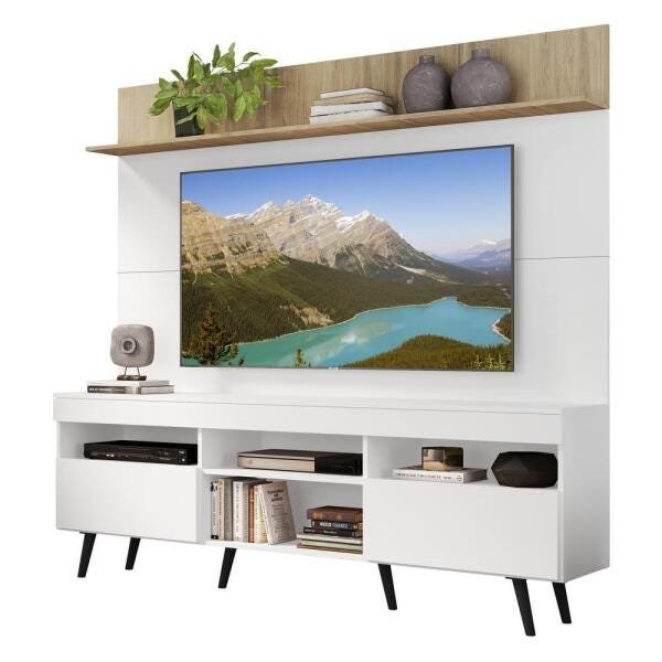 Rack com Painel TV 65 Polegadas Madri Multimóveis Branco/Rustic com Prateleira e Pés Retrô Preto - 2