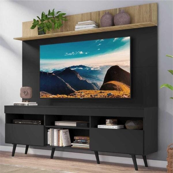 Rack com Painel TV 65 Polegadas Madri Multimóveis Preto/Rustic com Prateleira e Pés Retrô Preto - 1