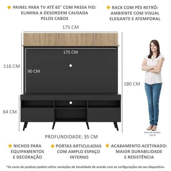 Rack com Painel TV 65 Polegadas Madri Multimóveis Preto/Rustic com Prateleira e Pés Retrô Preto - 3