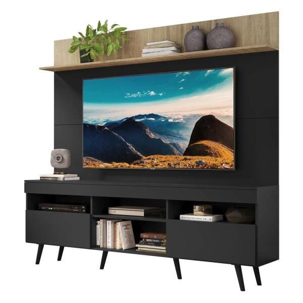 Rack com Painel TV 65 Polegadas Madri Multimóveis Preto/Rustic com Prateleira e Pés Retrô Preto - 2