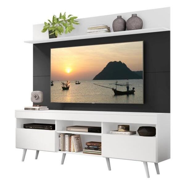 Rack com Painel e Suporte para TV até 65 Polegadas Madri Multimóveis Branco/Preto com Prateleira e P - 2