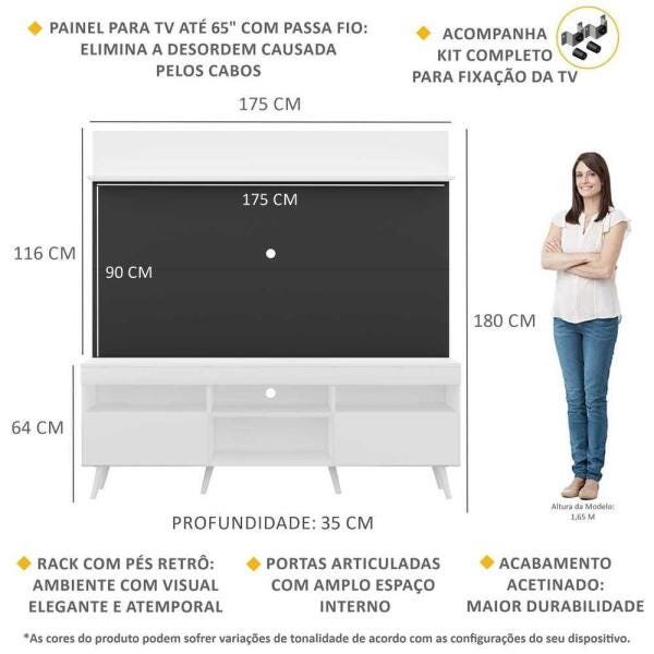 Rack com Painel e Suporte para TV até 65 Polegadas Madri Multimóveis Branco/Preto com Prateleira e P - 3