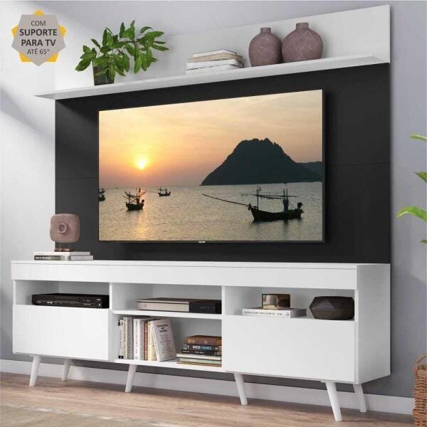 Rack com Painel e Suporte para TV até 65 Polegadas Madri Multimóveis Branco/Preto com Prateleira e P - 1