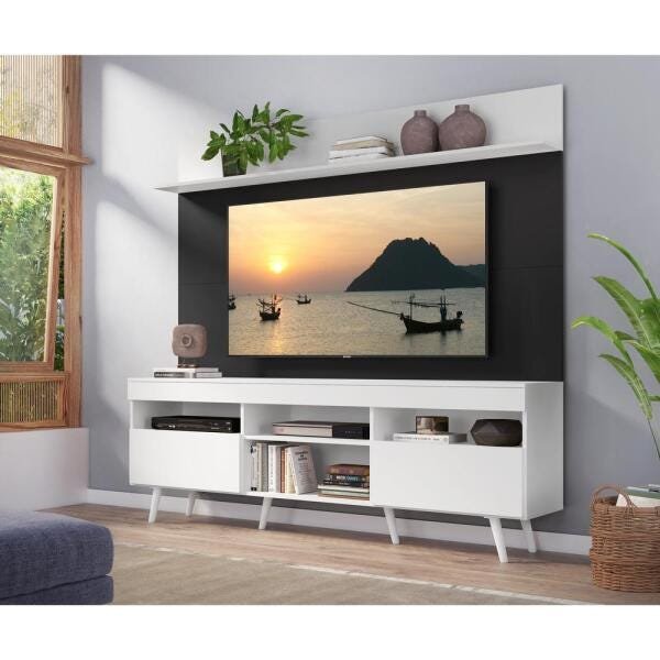 Rack com Painel e Suporte para TV até 65 Polegadas Madri Multimóveis Branco/Preto com Prateleira e P - 7