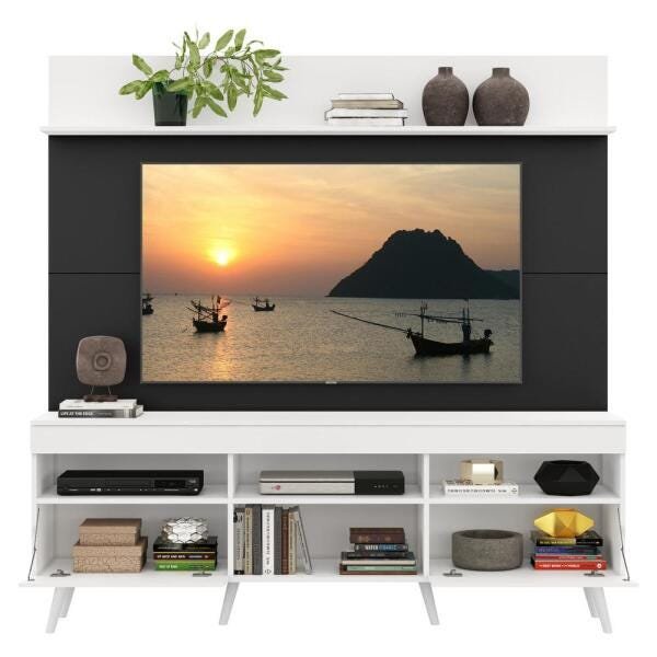 Rack com Painel e Suporte para TV até 65 Polegadas Madri Multimóveis Branco/Preto com Prateleira e P - 5