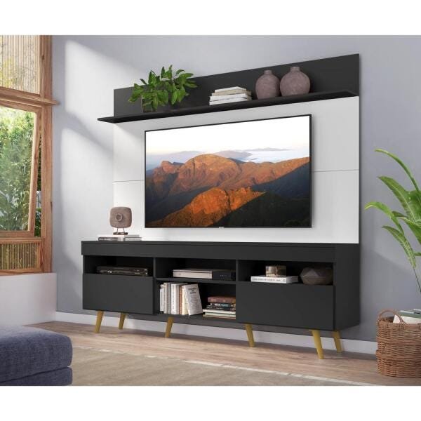 Rack com Painel e Suporte para TV até 65 Polegadas Madri Multimóveis Preto/Branco com Prateleira e P - 7