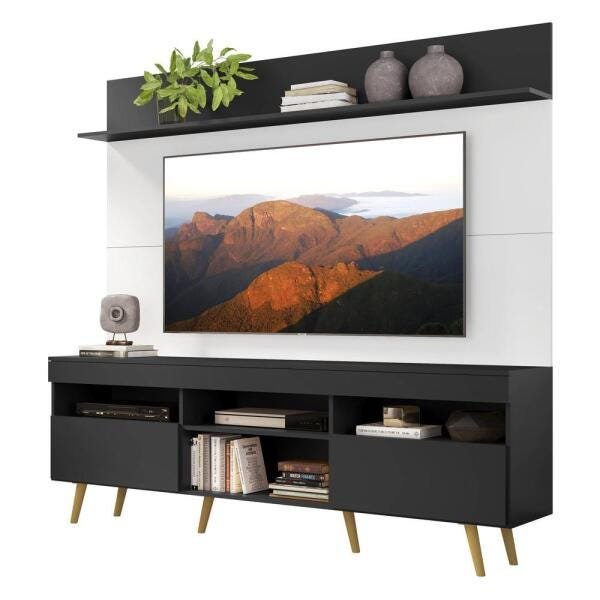 Rack com Painel e Suporte para TV até 65 Polegadas Madri Multimóveis Preto/Branco com Prateleira e P - 2