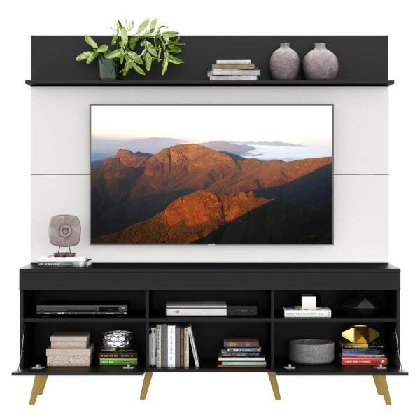 Rack com Painel e Suporte para TV até 65 Polegadas Madri Multimóveis Preto/Branco com Prateleira e P - 5