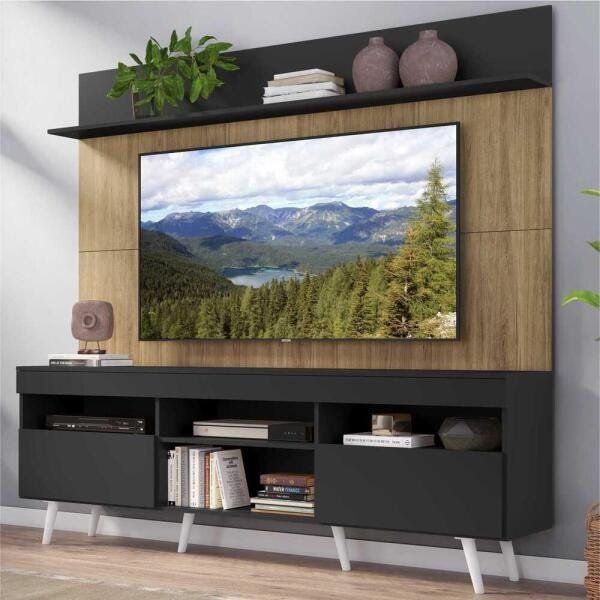 Rack com Painel TV 65 Polegadas Madri Multimóveis Preto/Rustic com Prateleira e Pés Retrô Branco - 1