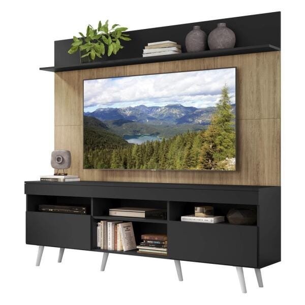 Rack com Painel TV 65 Polegadas Madri Multimóveis Preto/Rustic com Prateleira e Pés Retrô Branco - 2