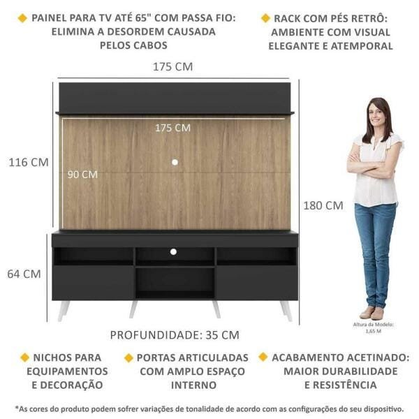 Rack com Painel TV 65 Polegadas Madri Multimóveis Preto/Rustic com Prateleira e Pés Retrô Branco - 3