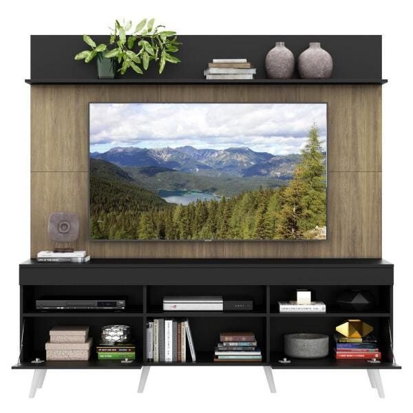 Rack com Painel TV 65 Polegadas Madri Multimóveis Preto/Rustic com Prateleira e Pés Retrô Branco - 5
