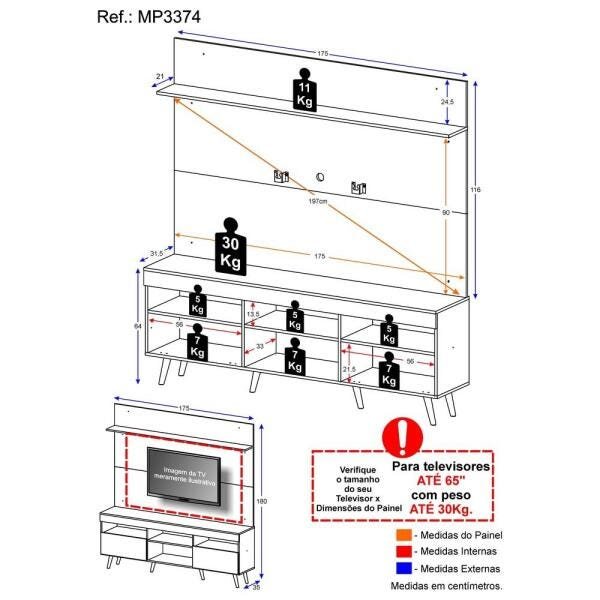 Rack com Painel e Suporte TV 65 Polegadas Madri Multimóveis Pés Retrô e Prateleira Branco/Preto - 4
