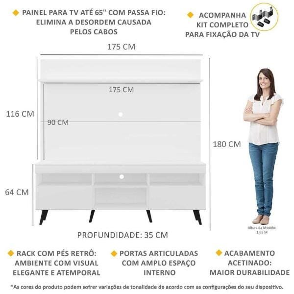 Rack com Painel e Suporte TV 65 Polegadas Madri Multimóveis Pés Retrô e Prateleira Branco/Preto - 3