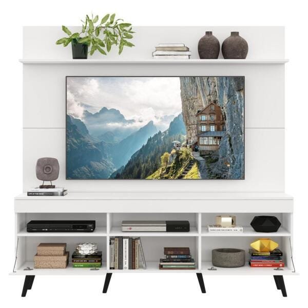 Rack com Painel e Suporte TV 65 Polegadas Madri Multimóveis Pés Retrô e Prateleira Branco/Preto - 5