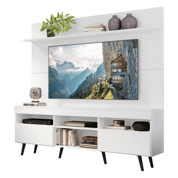 Rack com Painel e Suporte TV 65 Polegadas Madri Multimóveis Pés Retrô e Prateleira Branco/Preto - 2