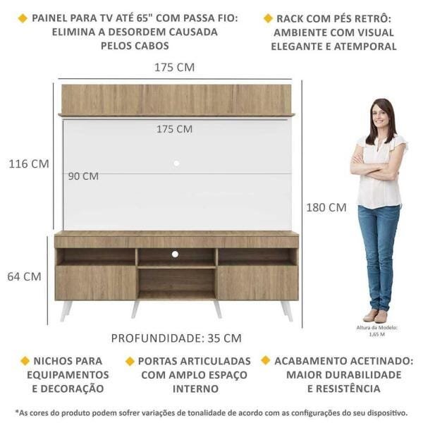 Rack com Painel TV 65 Polegadas Madri Multimóveis Rustic/Branco com Prateleira e Pés Retrô Branco - 3