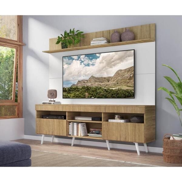 Rack com Painel TV 65 Polegadas Madri Multimóveis Rustic/Branco com Prateleira e Pés Retrô Branco - 7