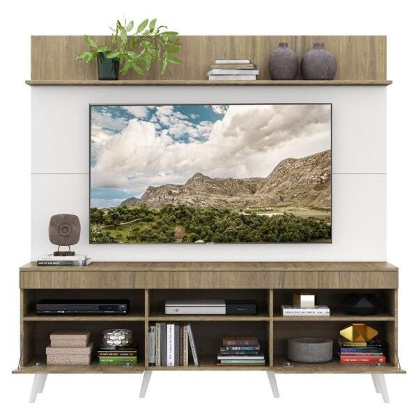 Rack com Painel TV 65 Polegadas Madri Multimóveis Rustic/Branco com Prateleira e Pés Retrô Branco - 5