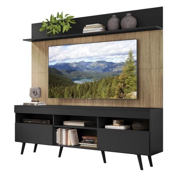 Rack com Painel TV 65 Polegadas Madri Multimóveis Preto/Rustic com Prateleira e Pés Retrô Preto - 2