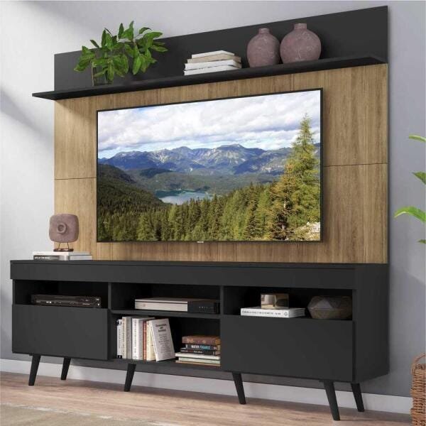 Rack com Painel TV 65 Polegadas Madri Multimóveis Preto/Rustic com Prateleira e Pés Retrô Preto - 1