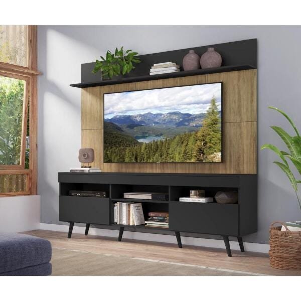 Rack com Painel TV 65 Polegadas Madri Multimóveis Preto/Rustic com Prateleira e Pés Retrô Preto - 7