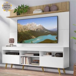 Rack com Painel e Suporte para TV até 65 Polegadas Madri Multimóveis Branco/Rustic com Prateleira e - 1