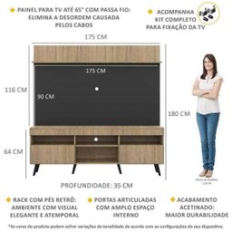 Rack com Painel e Suporte para Tv Até 65 Polegadas Madri Multimóveis Rustic/Preto com Prateleira e P - 3