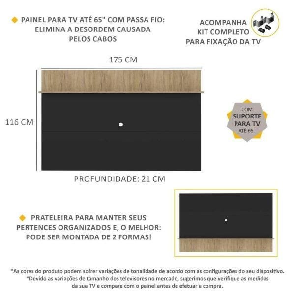 Painel com Suporte Tv 65 Polegadas e Prateleira Amsterdã Plus Multimóveis Preto/Rustic - 3