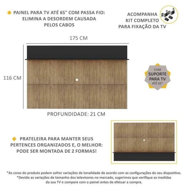 Painel com Suporte Tv 65 Polegadas e Prateleira Amsterdã Plus Multimóveis Rustic/Preto - 3