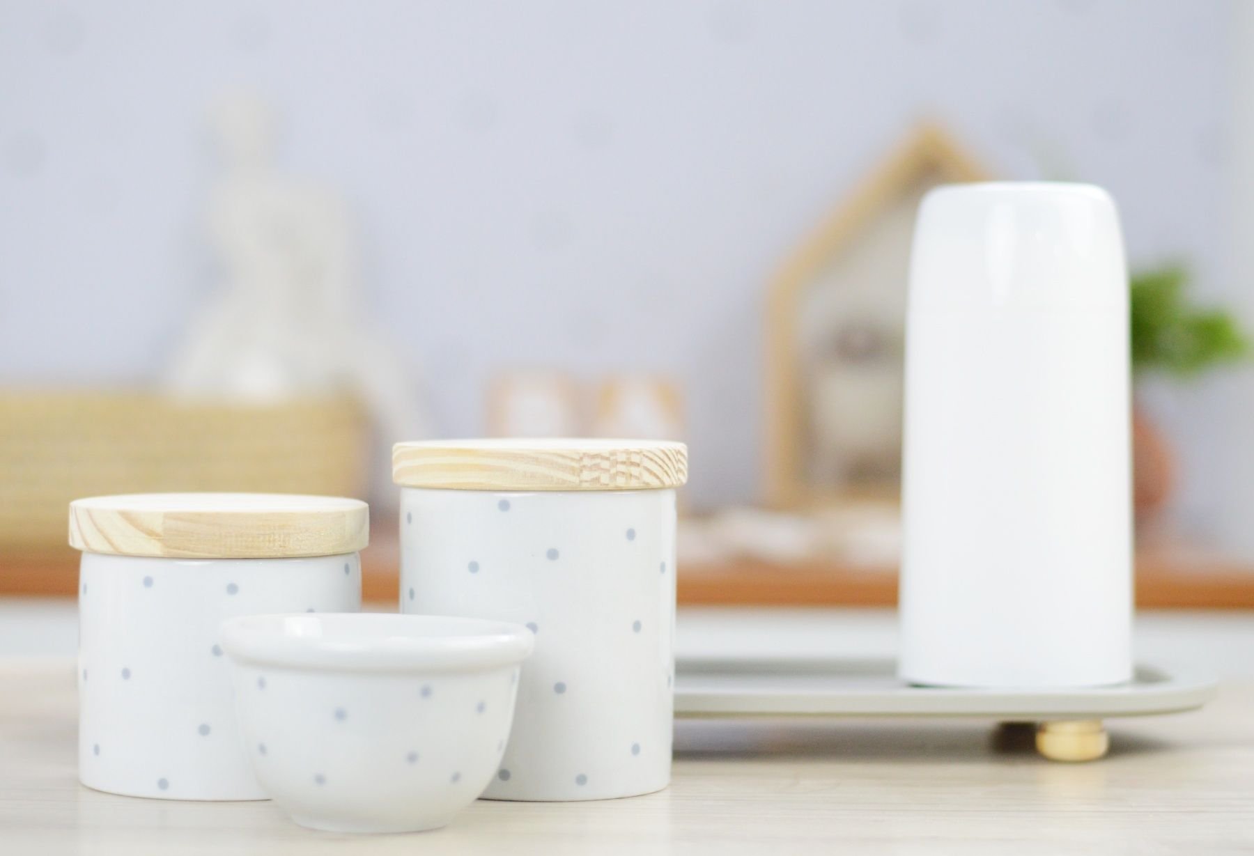 Kit Higiene Porcelana Bebê Poá Cinza Térmica Bandeja K114 - 14