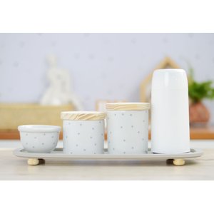 Kit Higiene Porcelana Bebê Poá Cinza Térmica Bandeja K114