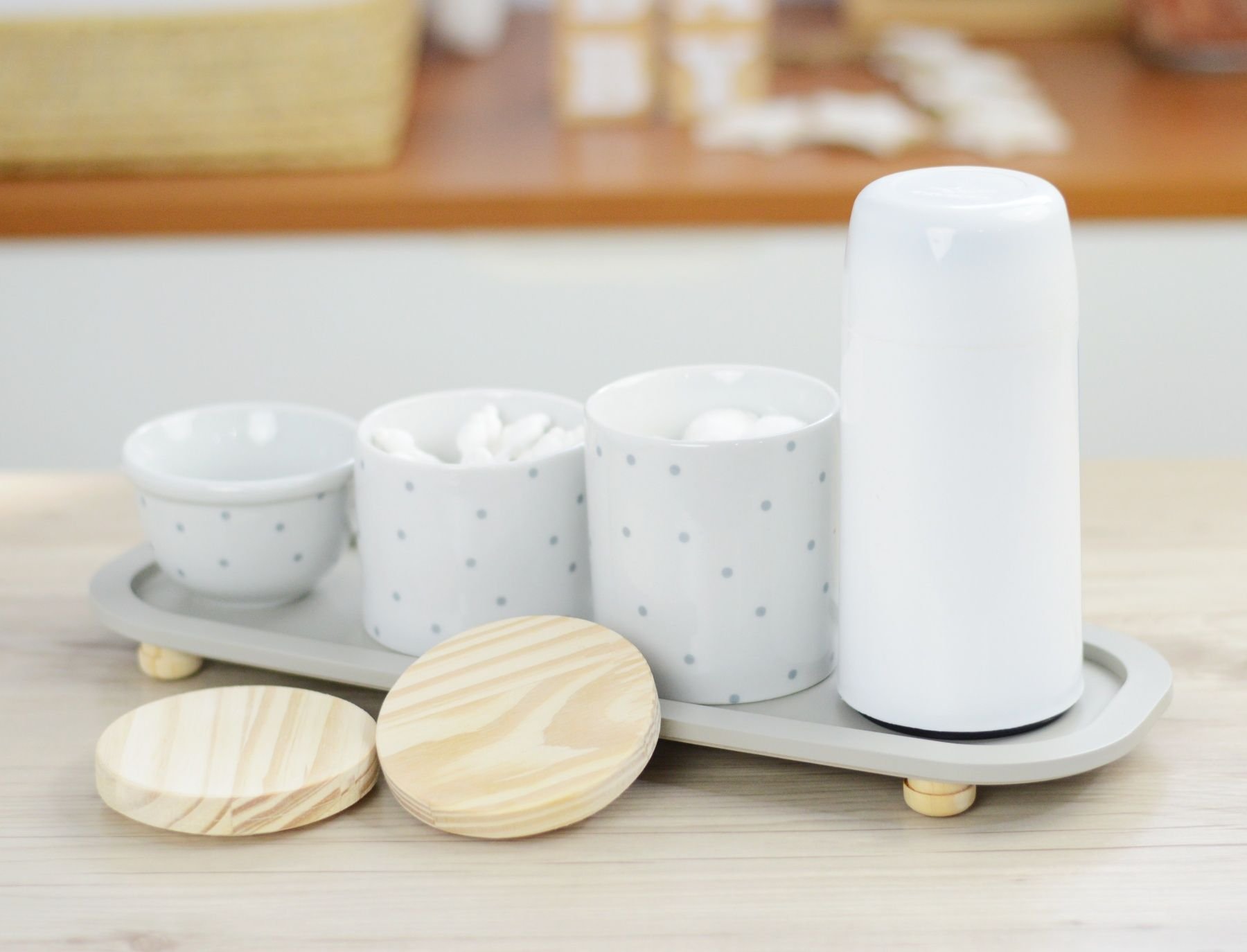 Kit Higiene Porcelana Bebê Poá Cinza Térmica Bandeja K114 - 10