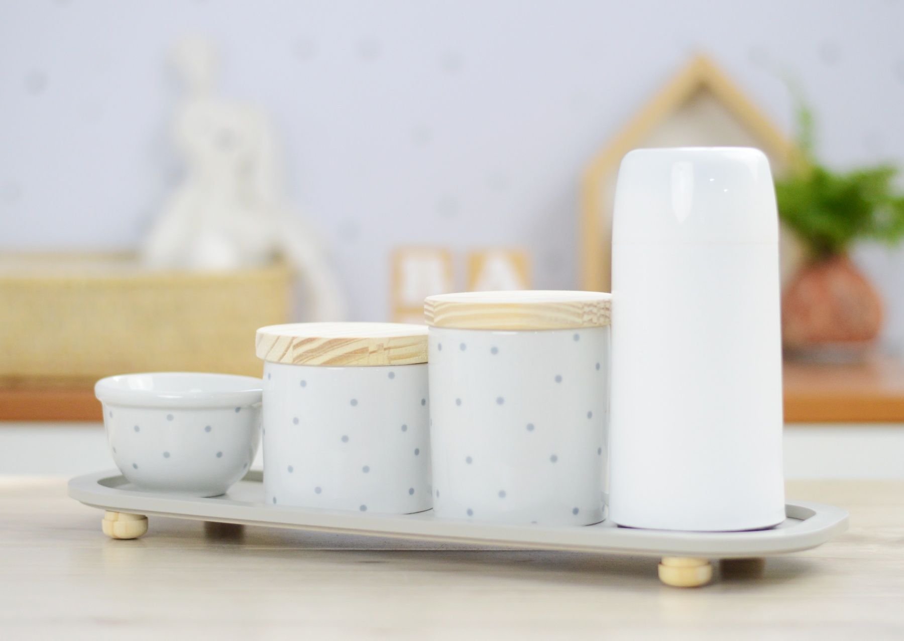 Kit Higiene Porcelana Bebê Poá Cinza Térmica Bandeja K114 - 8