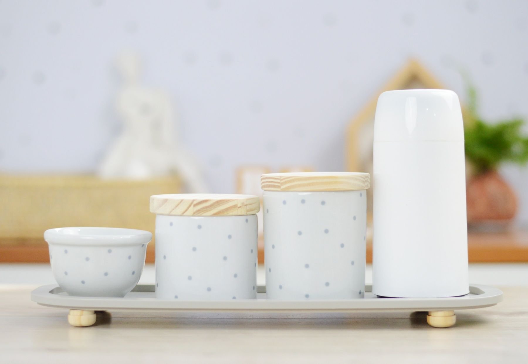 Kit Higiene Porcelana Bebê Poá Cinza Térmica Bandeja K114 - 1