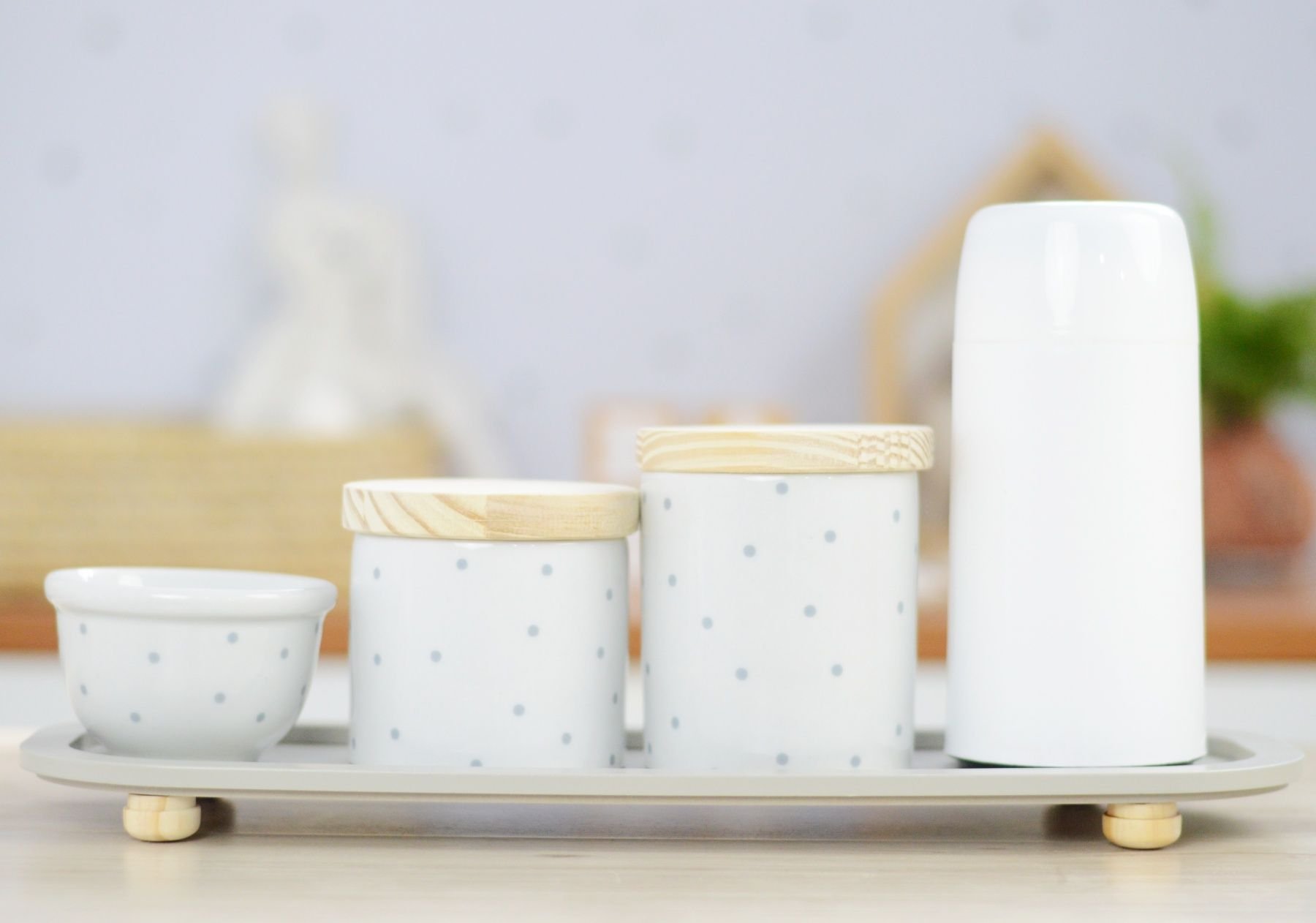 Kit Higiene Porcelana Bebê Poá Cinza Térmica Bandeja K114 - 13