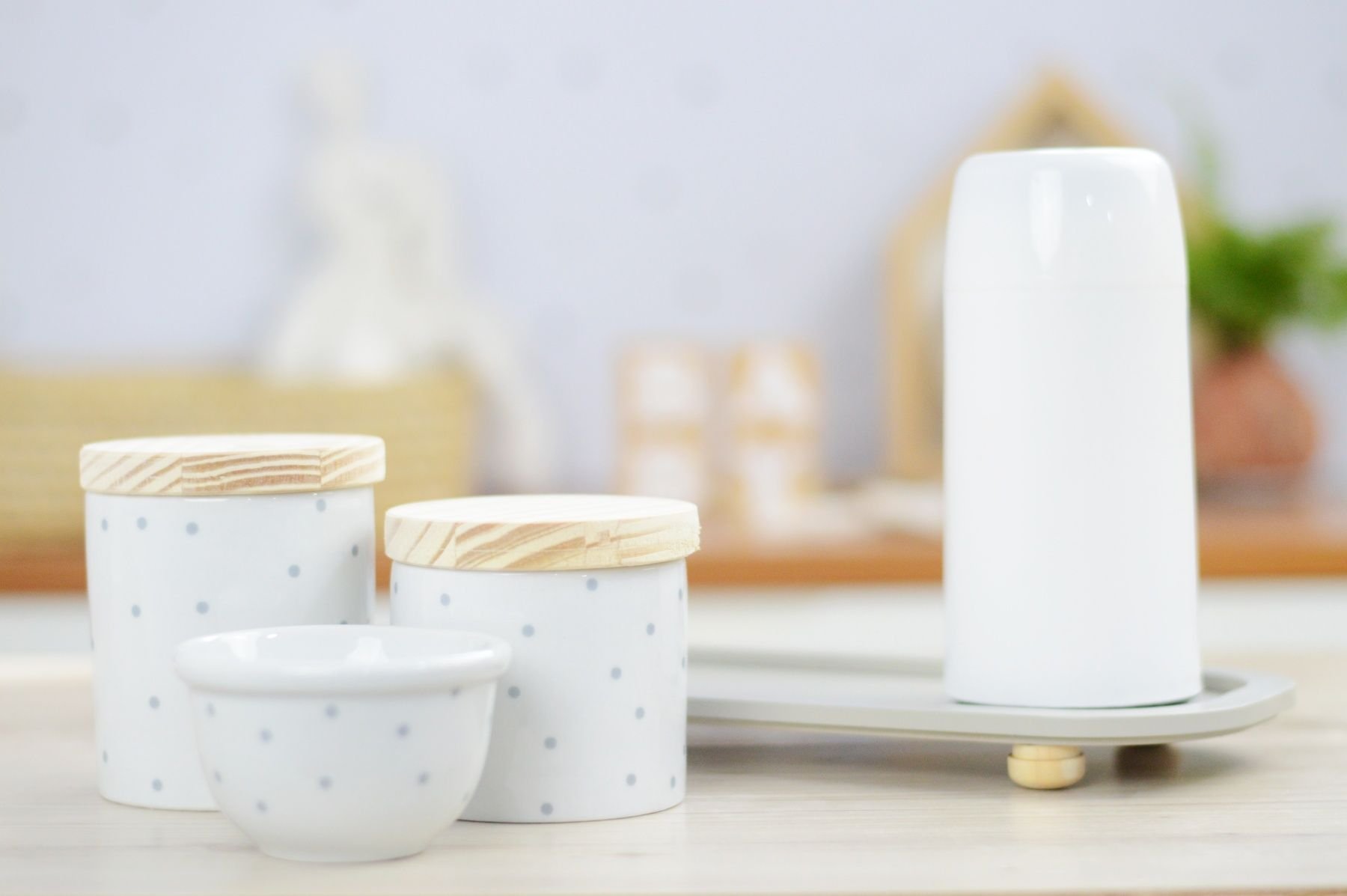 Kit Higiene Porcelana Bebê Poá Cinza Térmica Bandeja K114 - 12