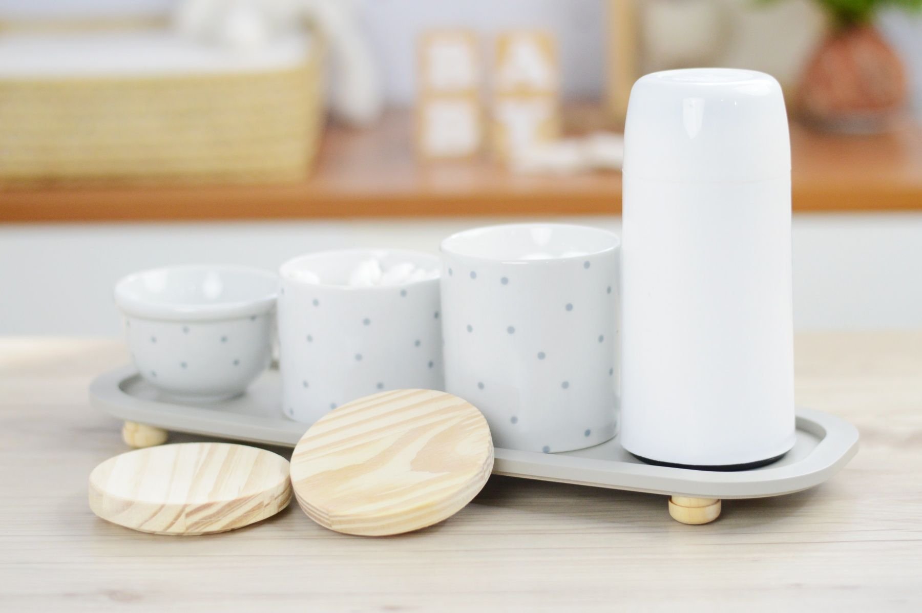 Kit Higiene Porcelana Bebê Poá Cinza Térmica Bandeja K114 - 9