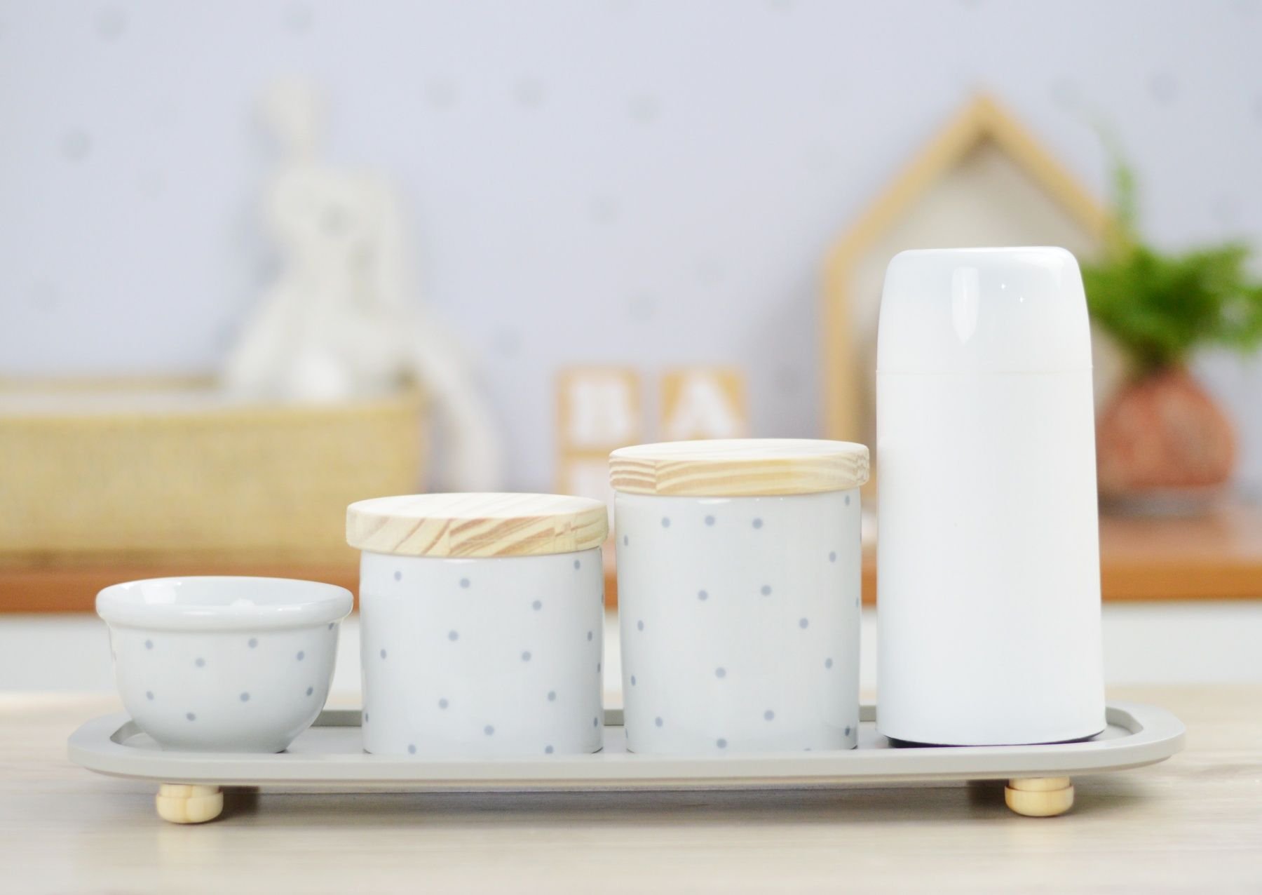 Kit Higiene Porcelana Bebê Poá Cinza Térmica Bandeja K114 - 7