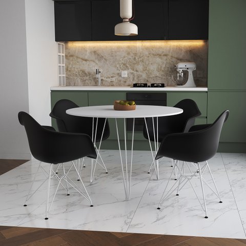 Mesa Jantar Redonda 110cm Branca Clips 3 Pés com 4 Poltronas Pretas Eames Eiffel Ferro Branco