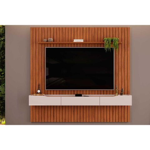 Estante P/ Sala até 65 Pol Pratic Ripado C/ 3 Gavetas 223x240cm Freijó/off White - Dj Móveis