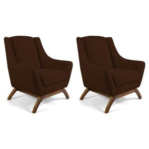 Kit 2 Poltronas Decorativa Fixa Base de Madeira Juliet D02 Veludo Marrom C-276 - Lyam Decor