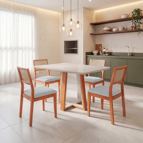 Conjunto Mesa Viena com 4 Cadeiras Madeira Maciça Estofad de Fibra Maya Espresso Móveis Cinza/Champa