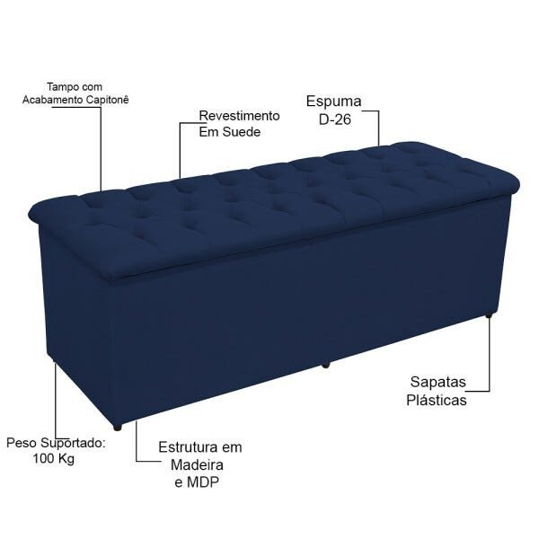 Calçadeira Baú Decorativa Amy L02 Capitonê Suede Azul Marinho 160x50cm - Lyam Decor - 4