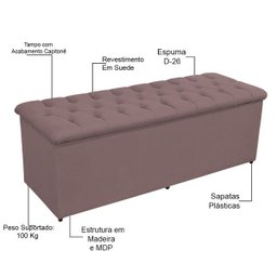 Calçadeira Baú Decorativa Amy L02 Capitonê Suede Rosê 140x50cm - Lyam Decor - 4