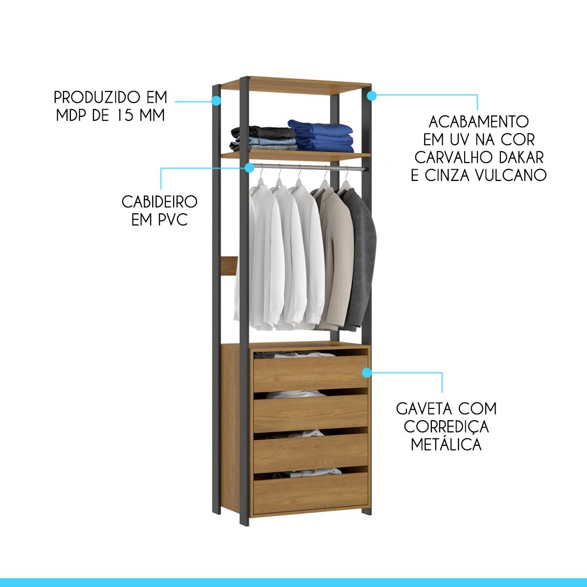 Estante Modulado com 4 Gavetas 70x220 Cm Bacco MDP Carvalho 6105 MENU - 2