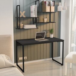 Kit para Escritório Mesa Soft F01 e Cadeira Economy com Prateleira Industrial Design Preto - Lyam - 2
